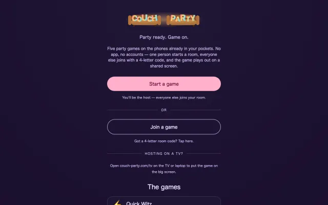 Couch Party home page with shared-screen party rooms