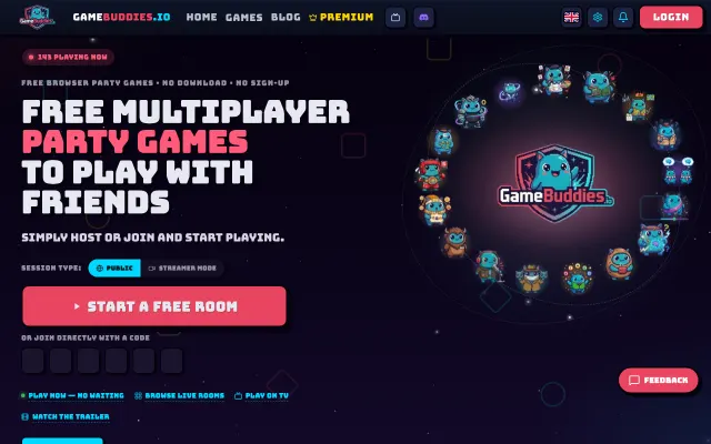 GameBuddies home page listing browser party games