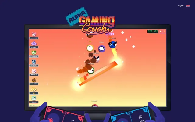 Gaming Couch landing page showing party minigames with phones as controllers