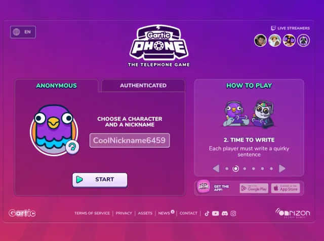 Gartic Phone home screen: pick a character and nickname, start the telephone game