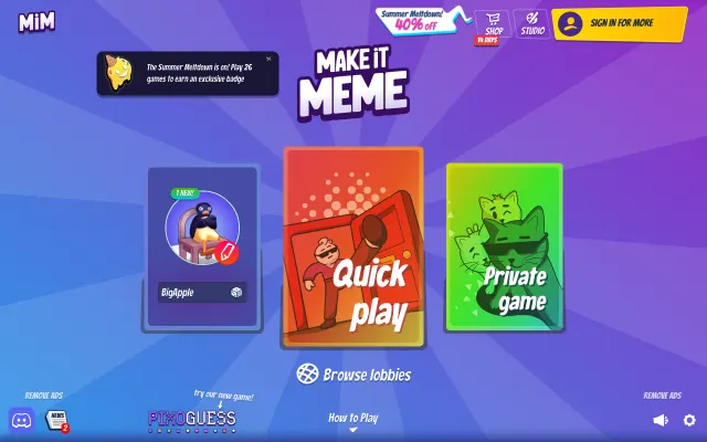 Make It Meme home screen with quick play and private game options