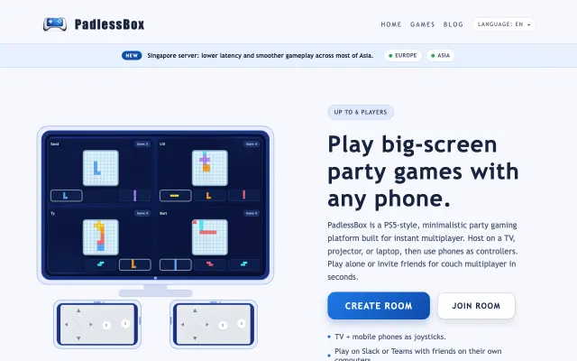 PadlessBox landing page with party minigames played from phones