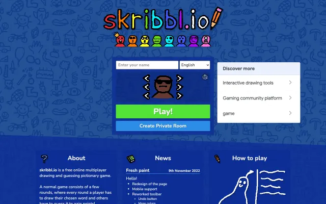 Skribbl.io home screen with avatar picker and Play button